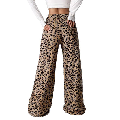 Leopard Print Wide Leg Pants High Waist Casual Trousers