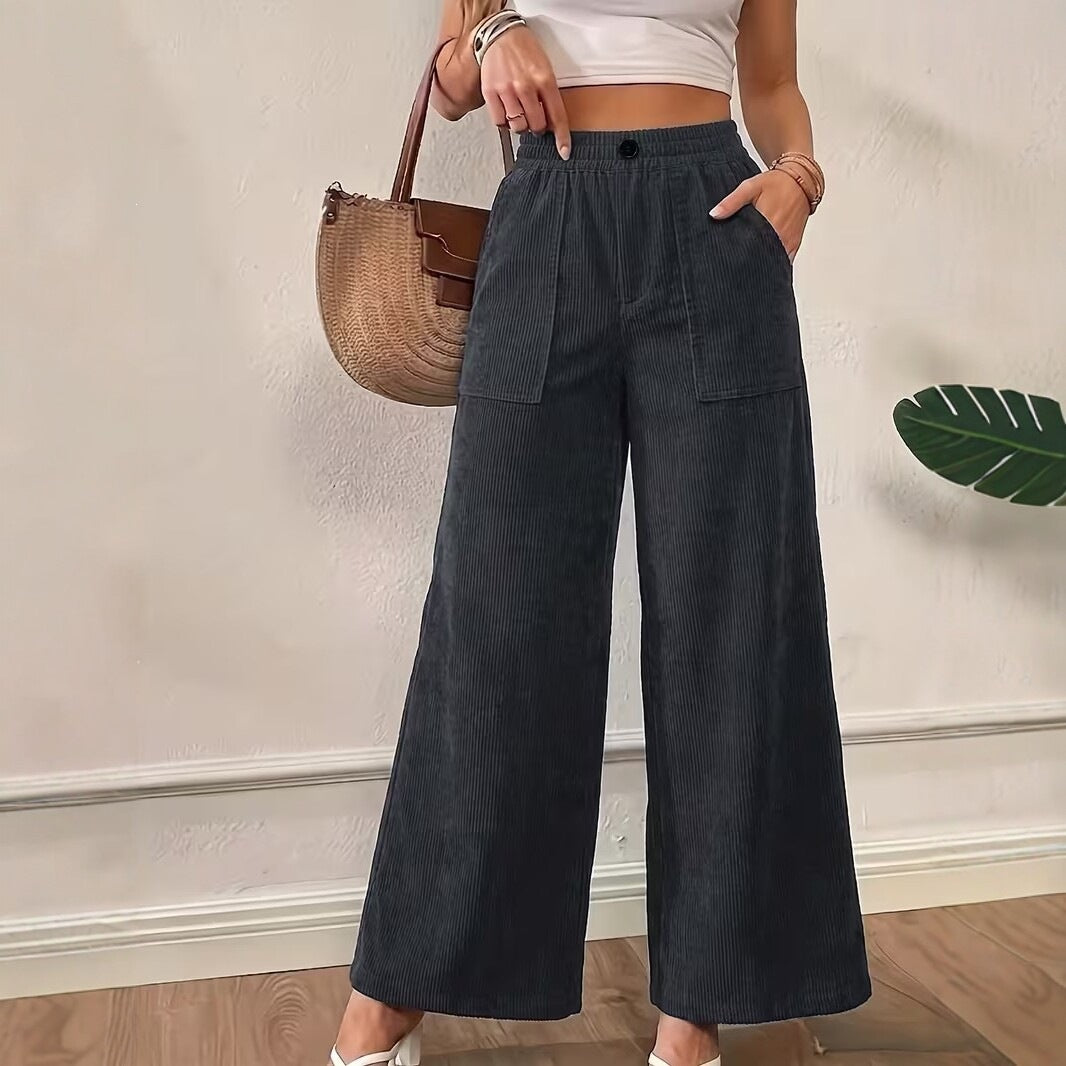 Women's High Waist Ribbed Wide Leg Casual Pants Pockets