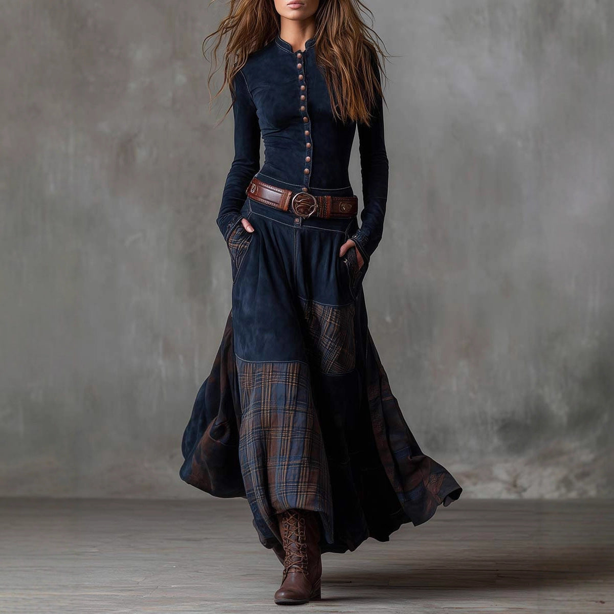 Suede Plaid Patchwork Maxi Dress Belted Pockets
