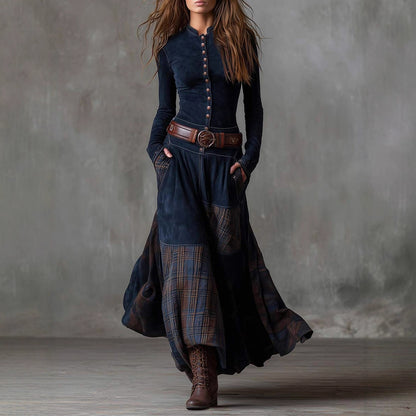 Suede Plaid Patchwork Maxi Dress Belted Pockets