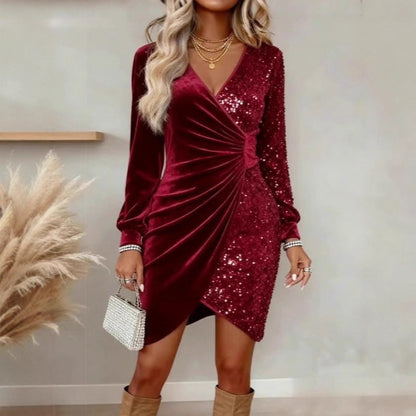 Sequin Velvet V Neck Bodycon Dress for Women