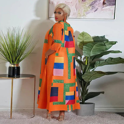 Women's Geometric Pleated Maxi Dress 3/4 Sleeve Colorful