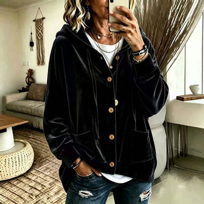 Women's Velvet Hooded Button Up Cardigan