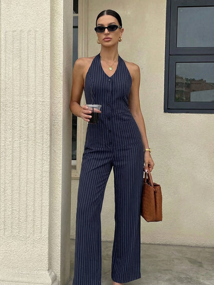 Striped Halter Backless Wide Leg Jumpsuit Office Chic