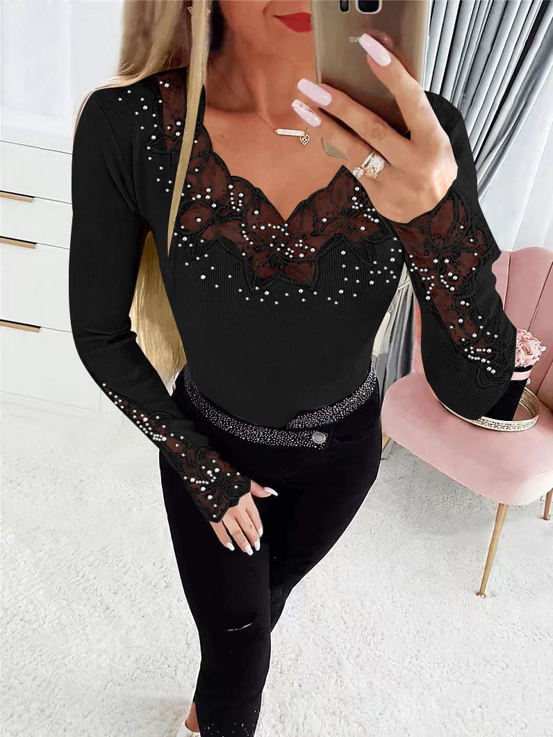 V-Neck Lace Trim Rhinestone Long Sleeve Top for Women