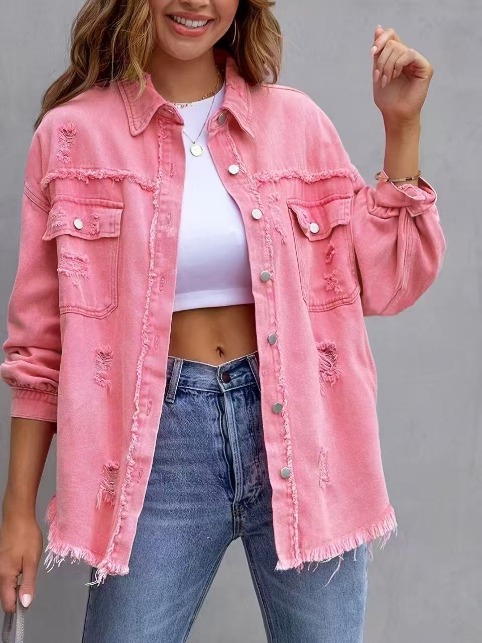Hot Pink Distressed Denim Jacket Oversized Button Down