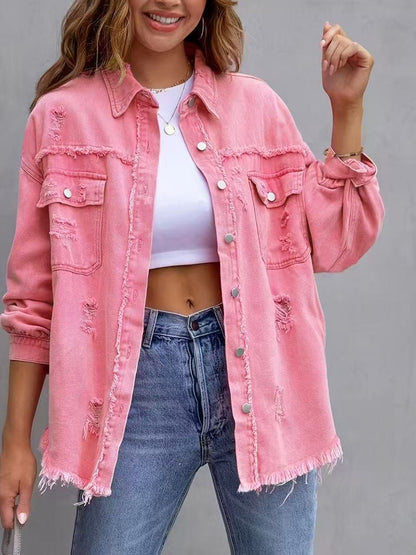 Hot Pink Distressed Denim Jacket Oversized Button Down