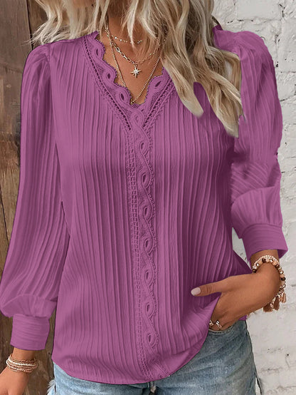 Lace Trim V Neck Blouse Long Sleeve Elegant Top