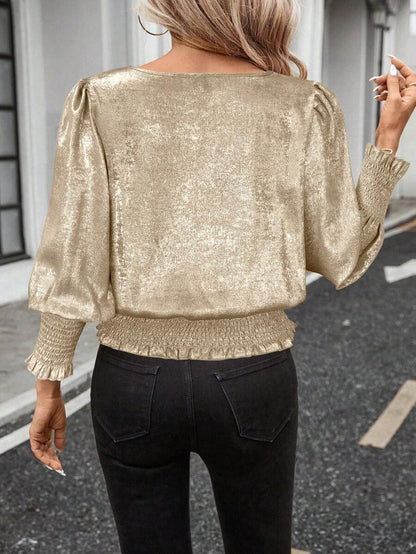 Metallic Smocked Hem Blouse Puff Sleeve Party Top