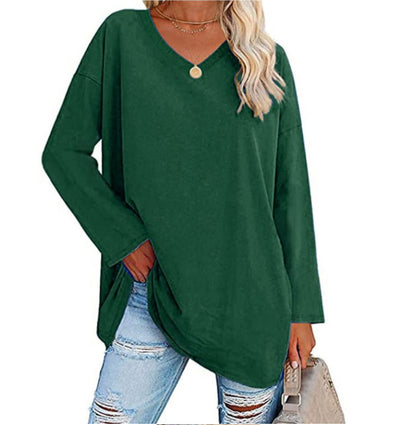 Women's Oversized V-Neck Long Sleeve Loose Fit T-Shirt