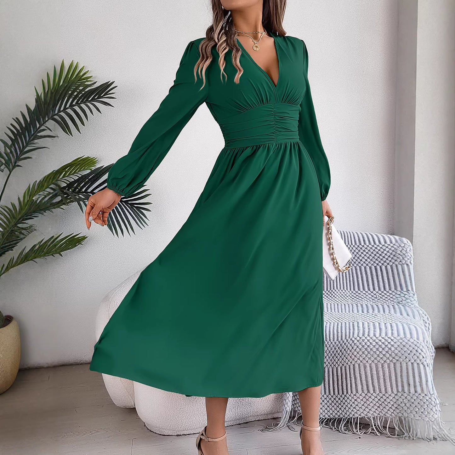 Solid Color V Neck Long Sleeve Slit Maxi Dress