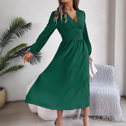 Solid Color V Neck Long Sleeve Slit Maxi Dress