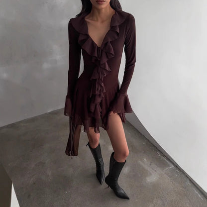Sexy Deep V Ruffle Mesh Mini Dress Bell Sleeve Brown