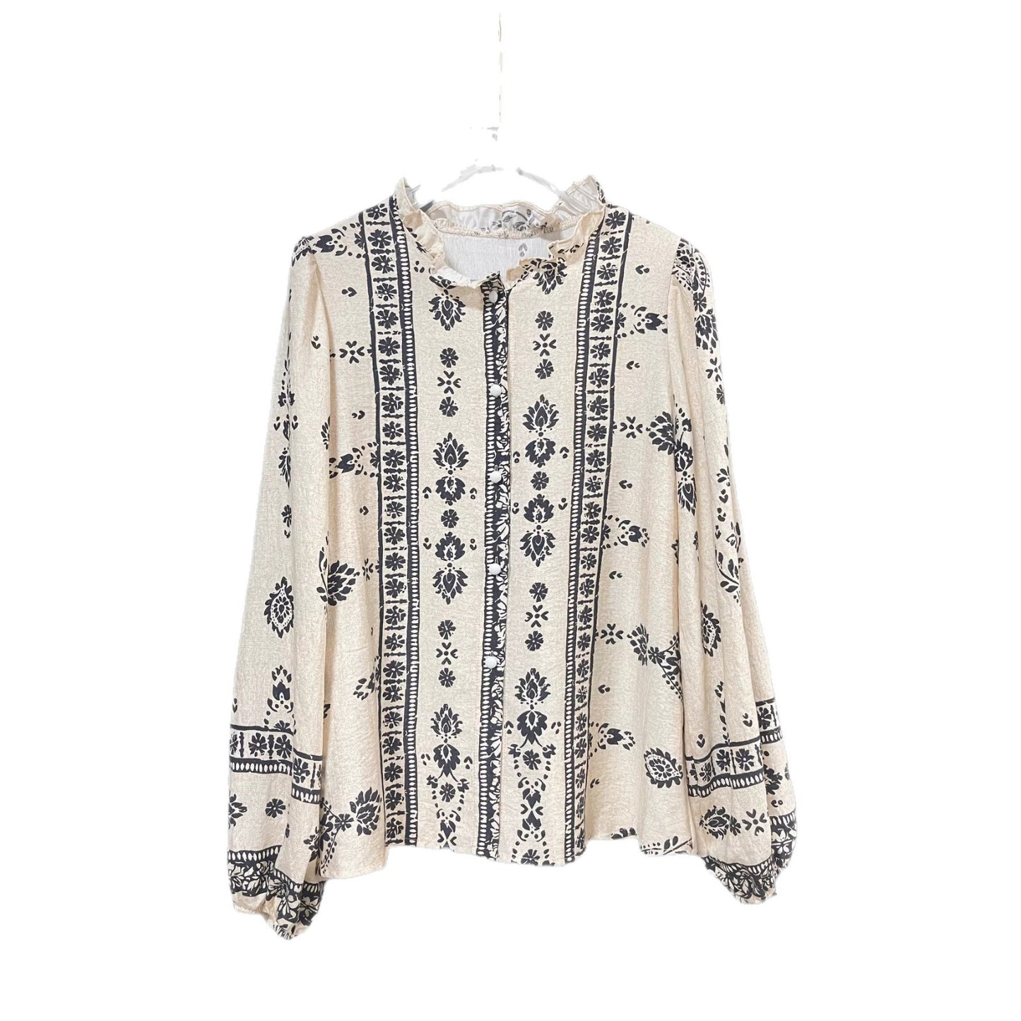 Women's Geometric Print Ruffle V-Neck Long Sleeve Blouse