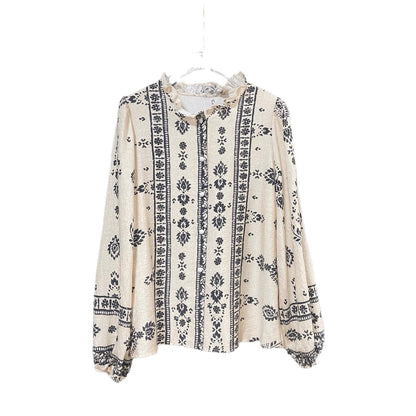 Women's Geometric Print Ruffle V-Neck Long Sleeve Blouse