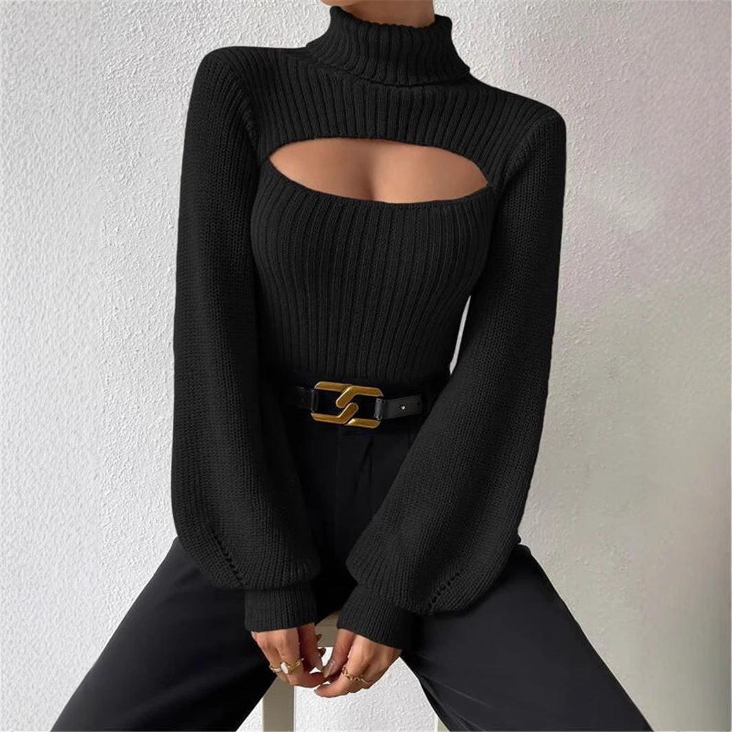Cutout Turtleneck Ribbed Sweater Long Sleeve Top