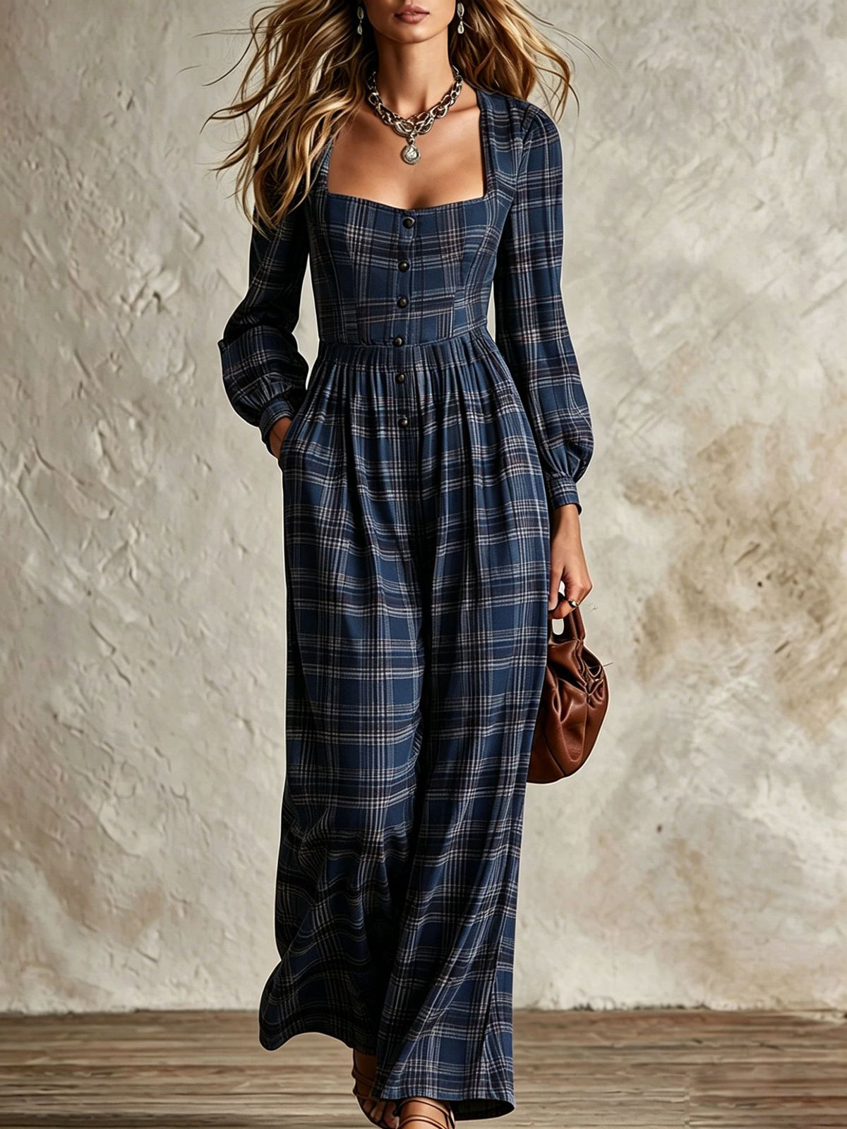 Vintage Plaid Square Neck Wide Leg Jumpsuit