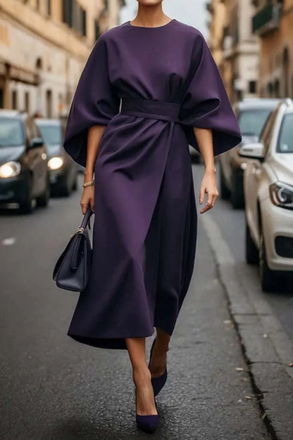 Elegant Batwing Sleeve Tie Waist Maxi Dress