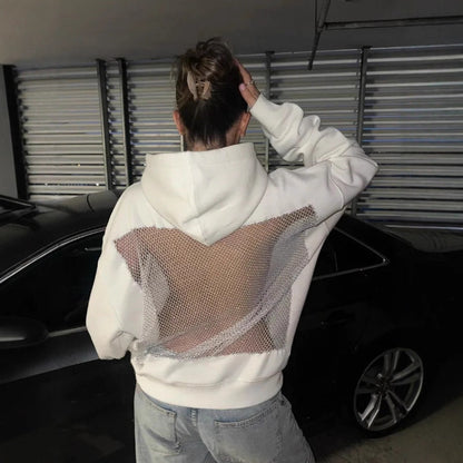 Women's Backless Mesh Hoodie Oversized Cutout Pullover