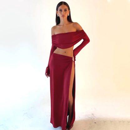 Sexy Off Shoulder Crop Top & High Slit Maxi Skirt Set