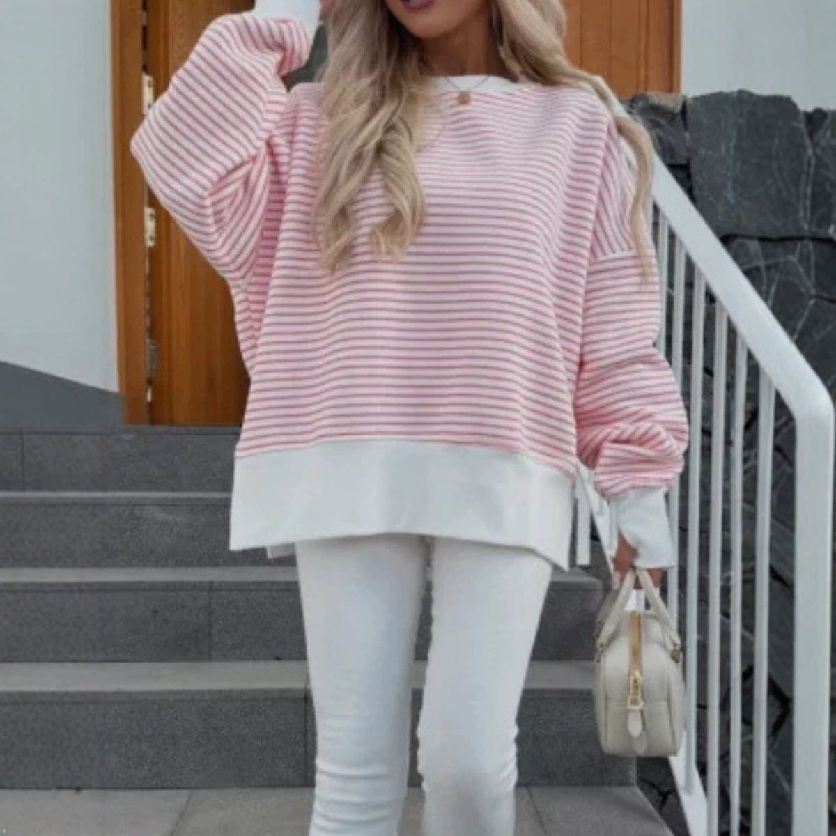 Oversized Striped Crewneck Sweatshirt Thumb Hole Side Slit