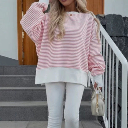 Oversized Striped Crewneck Sweatshirt Thumb Hole Side Slit