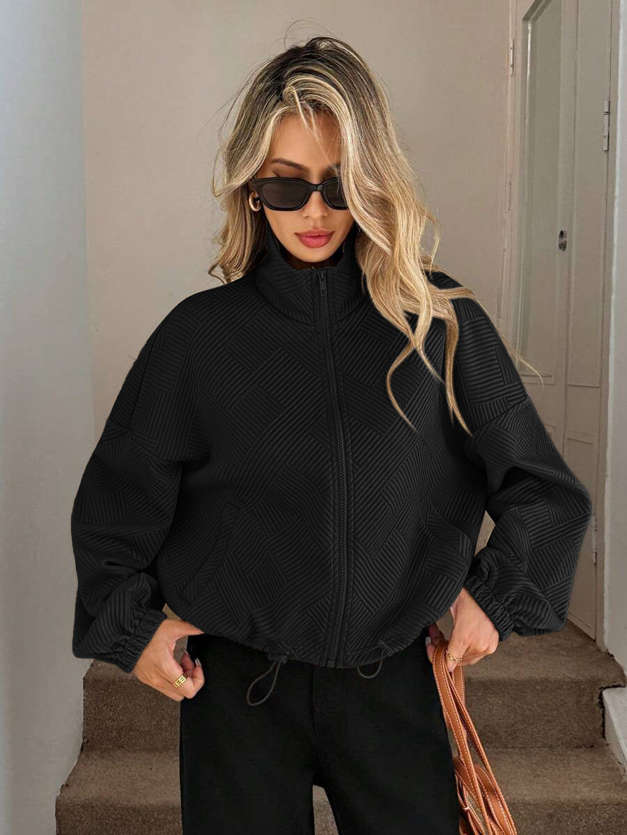 Textured Zip Up Bomber Jacket Drawstring Hem Casual Coat