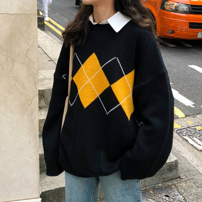 Women's Oversized Argyle Crew Neck Sweater