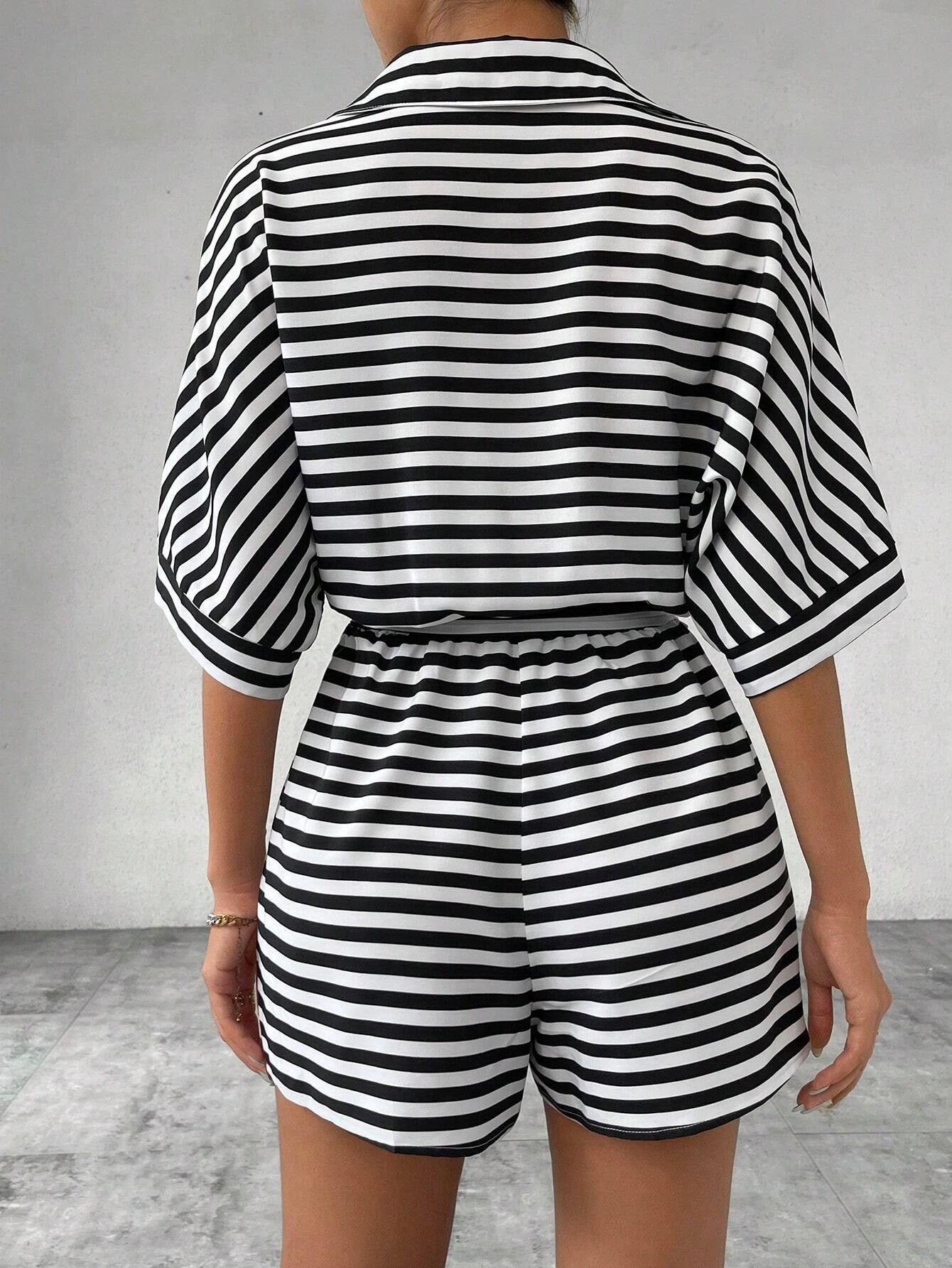 Striped Belted Button Down Romper with Half Sleeves