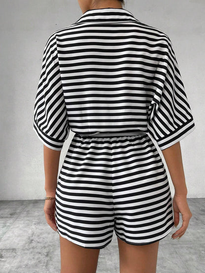 Striped Belted Button Down Romper with Half Sleeves