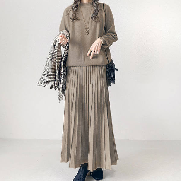 Women's Two Piece Pleated Maxi Skirt Set Long Sleeve