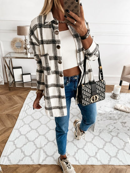 Plaid brushed shacket oversized button front