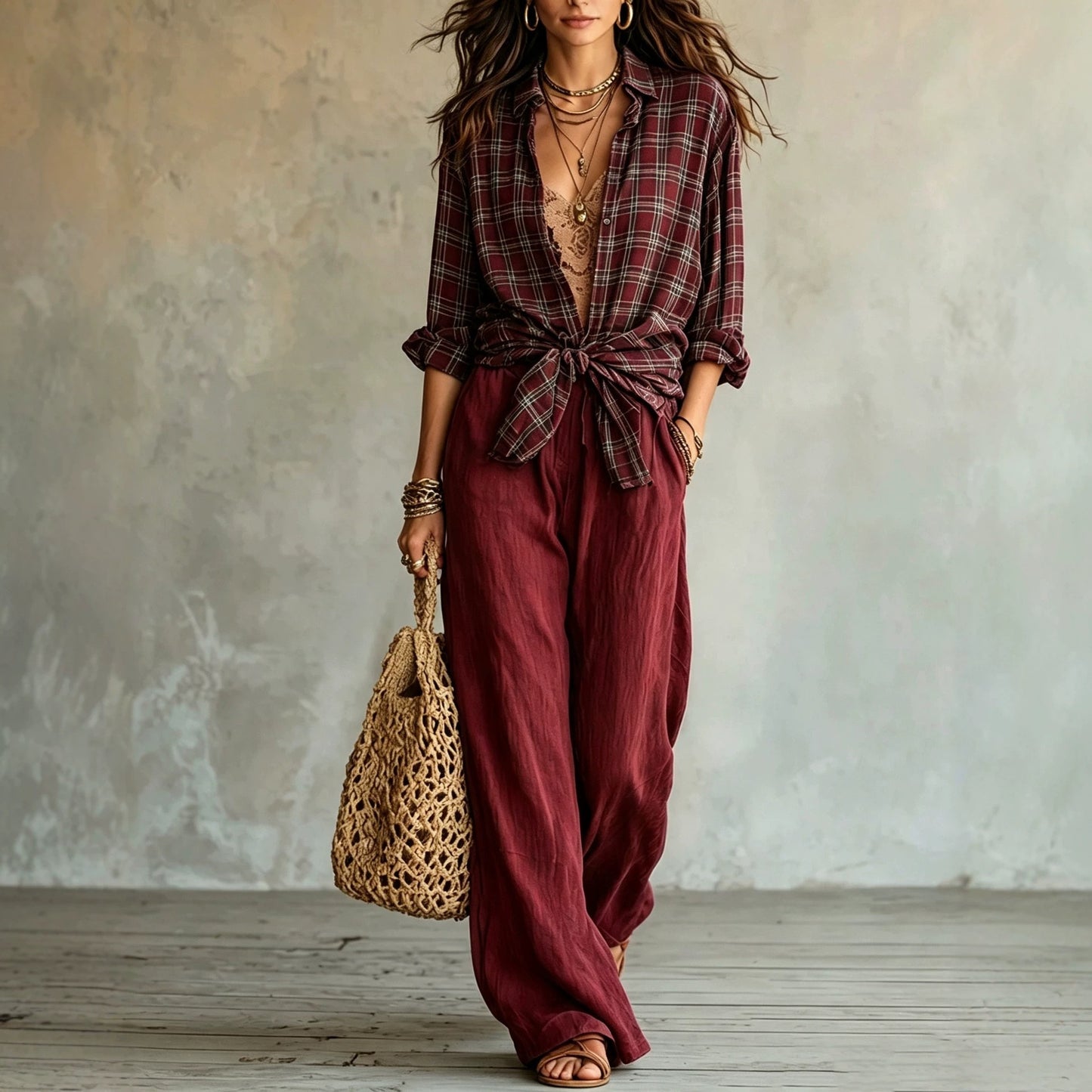 Women's Plaid Shirt & Wide Leg Pants Matching Set