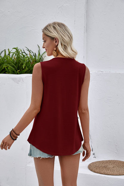 White Lace Yoke Sleeveless Pleated Loose Fit Tank Top