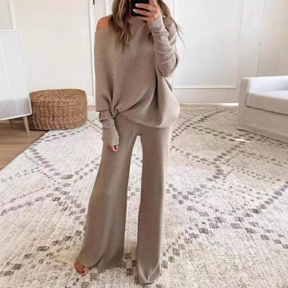 Women's Off Shoulder Knit Sweater Wide Leg Pants Lounge Set