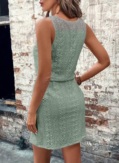 White Square Neck Drawstring Sleeveless Lace Dress