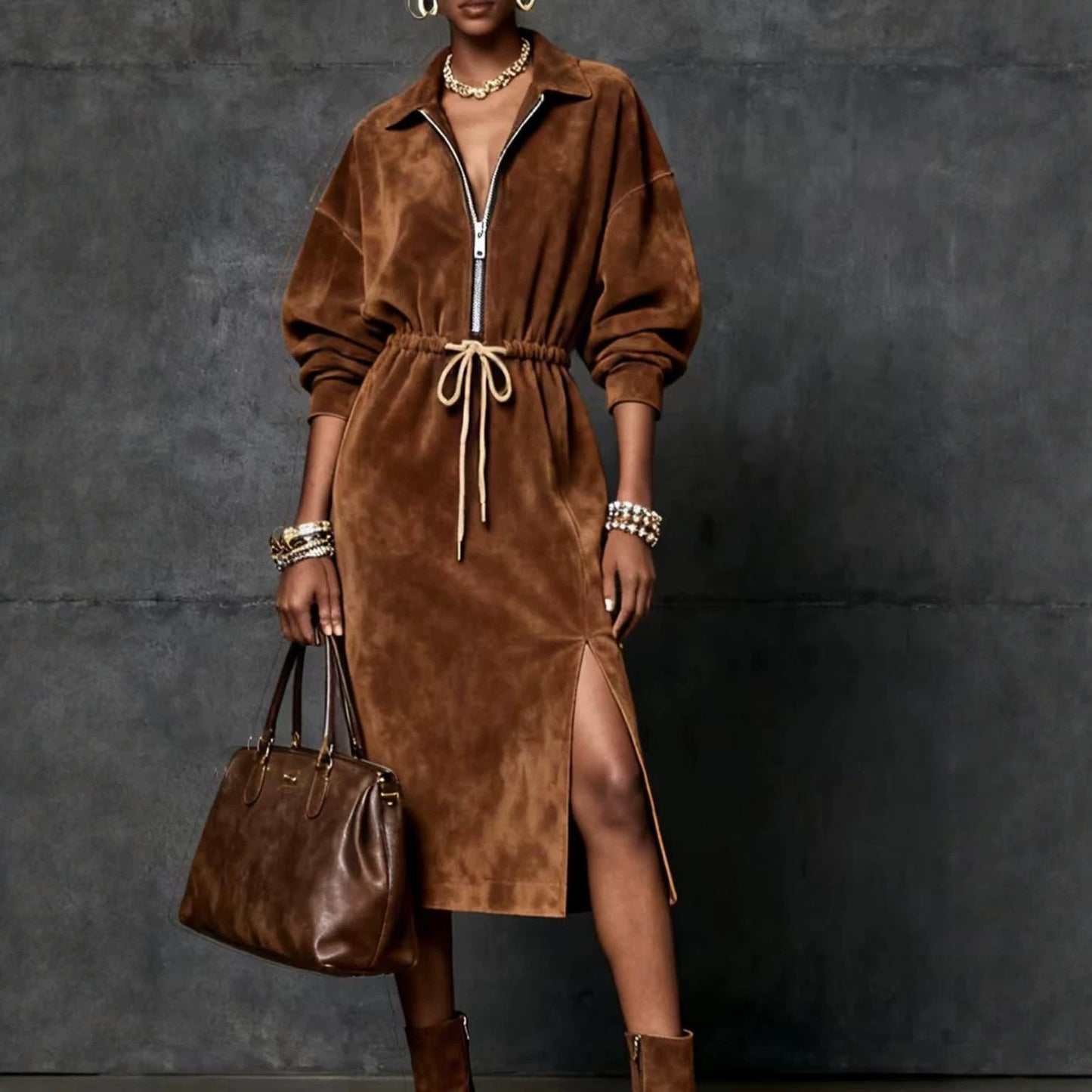 Women's Faux Suede Zip Front Midi Dress Belted Long Sleeve