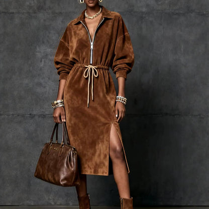 Women's Faux Suede Zip Front Midi Dress Belted Long Sleeve