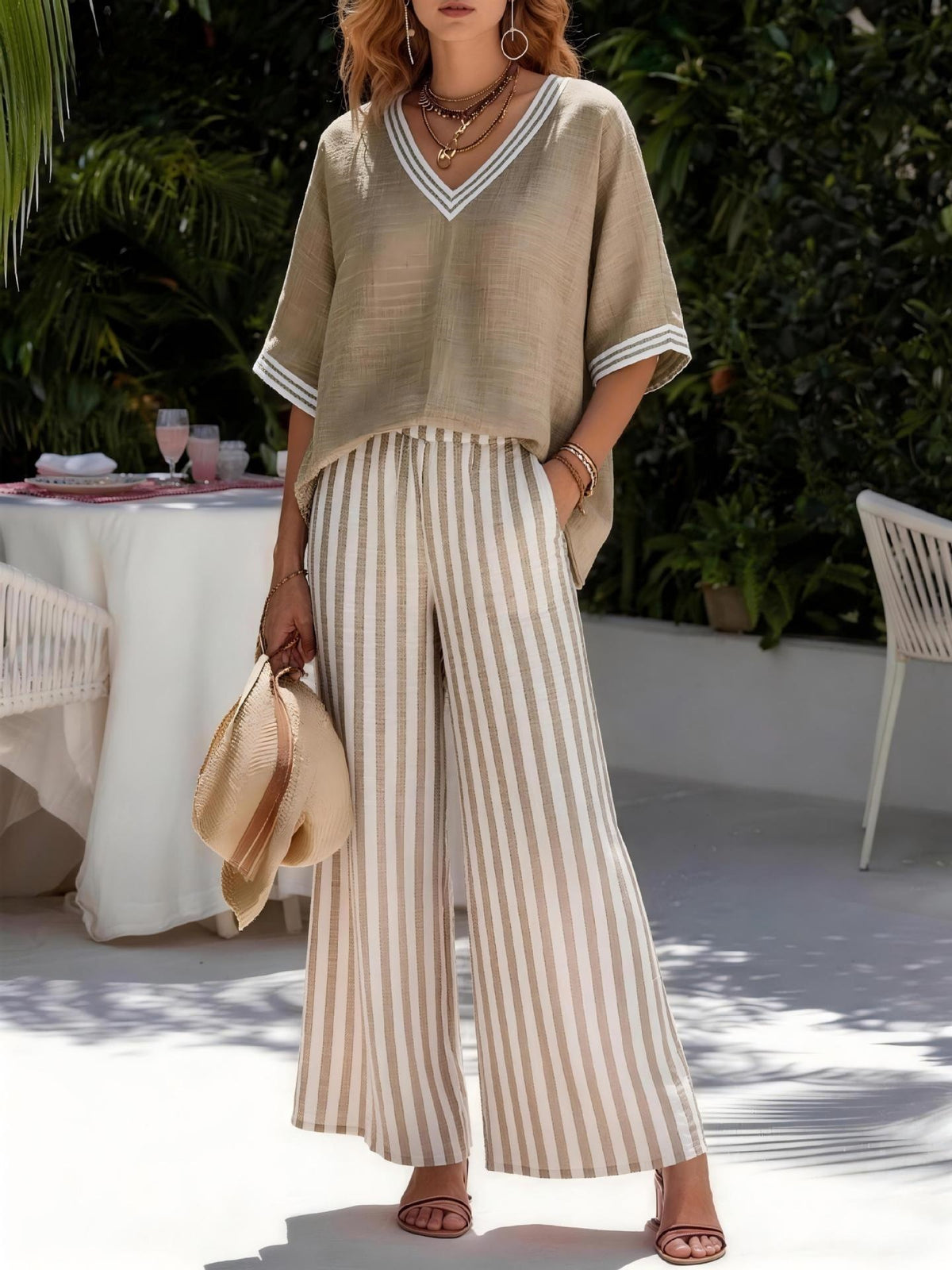 Women's Striped Wide Leg Pants V-Neck Top Two Piece Set