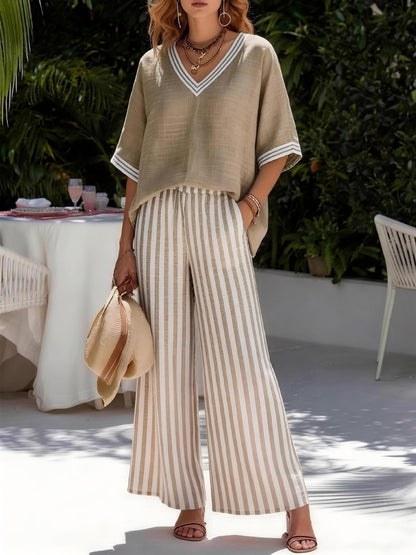 Women's Striped Wide Leg Pants V-Neck Top Two Piece Set