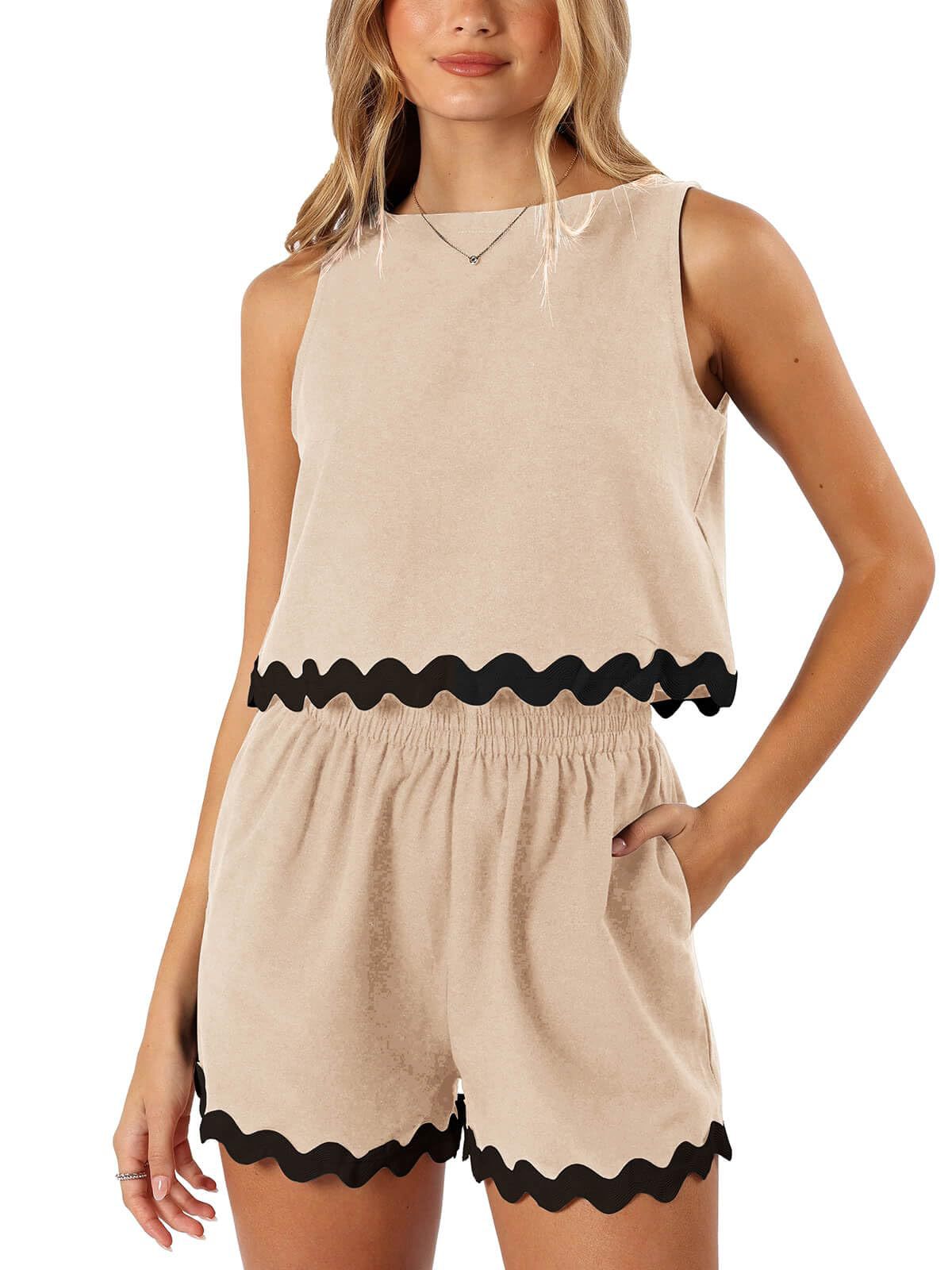Linen Lace Two-Piece Set - Summer Crew Neck Vest & Shorts
