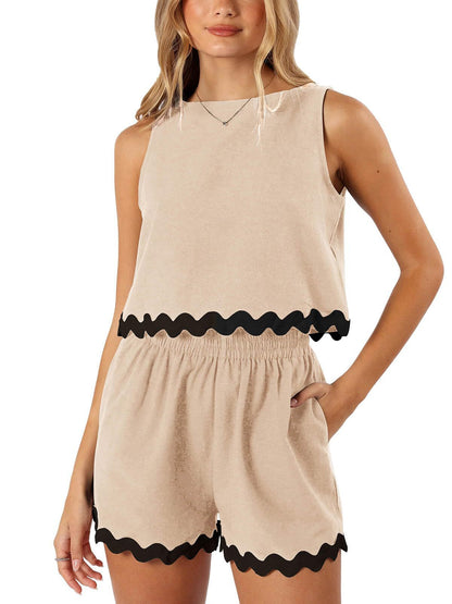 Linen Lace Two-Piece Set - Summer Crew Neck Vest & Shorts