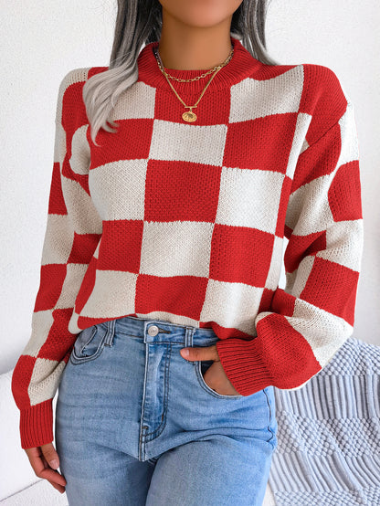 Women's Colorblock Checkerboard Balloon Sleeve Sweater