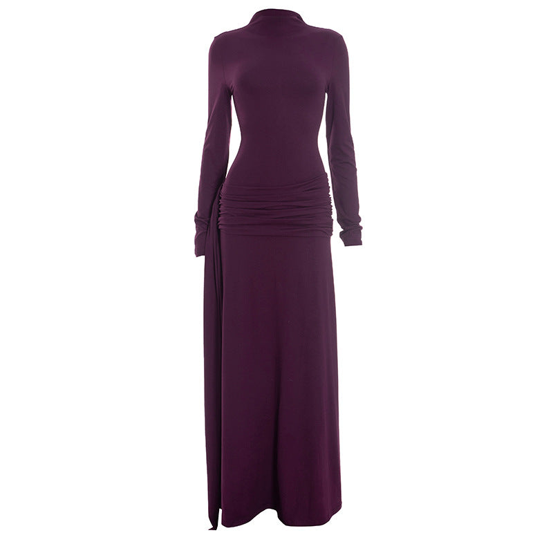 Elegant Mock Neck Long Sleeve Ruched Sash Maxi Dress