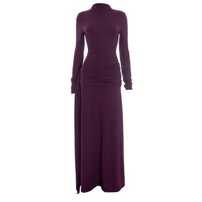 Elegant Mock Neck Long Sleeve Ruched Sash Maxi Dress
