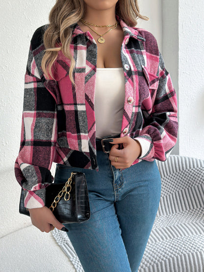 Plaid Button Front Long Sleeve Casual Jacket Coat