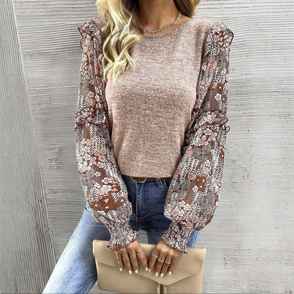 Women's Floral Puff Sleeve Ruffle Contrast Knit Blouse