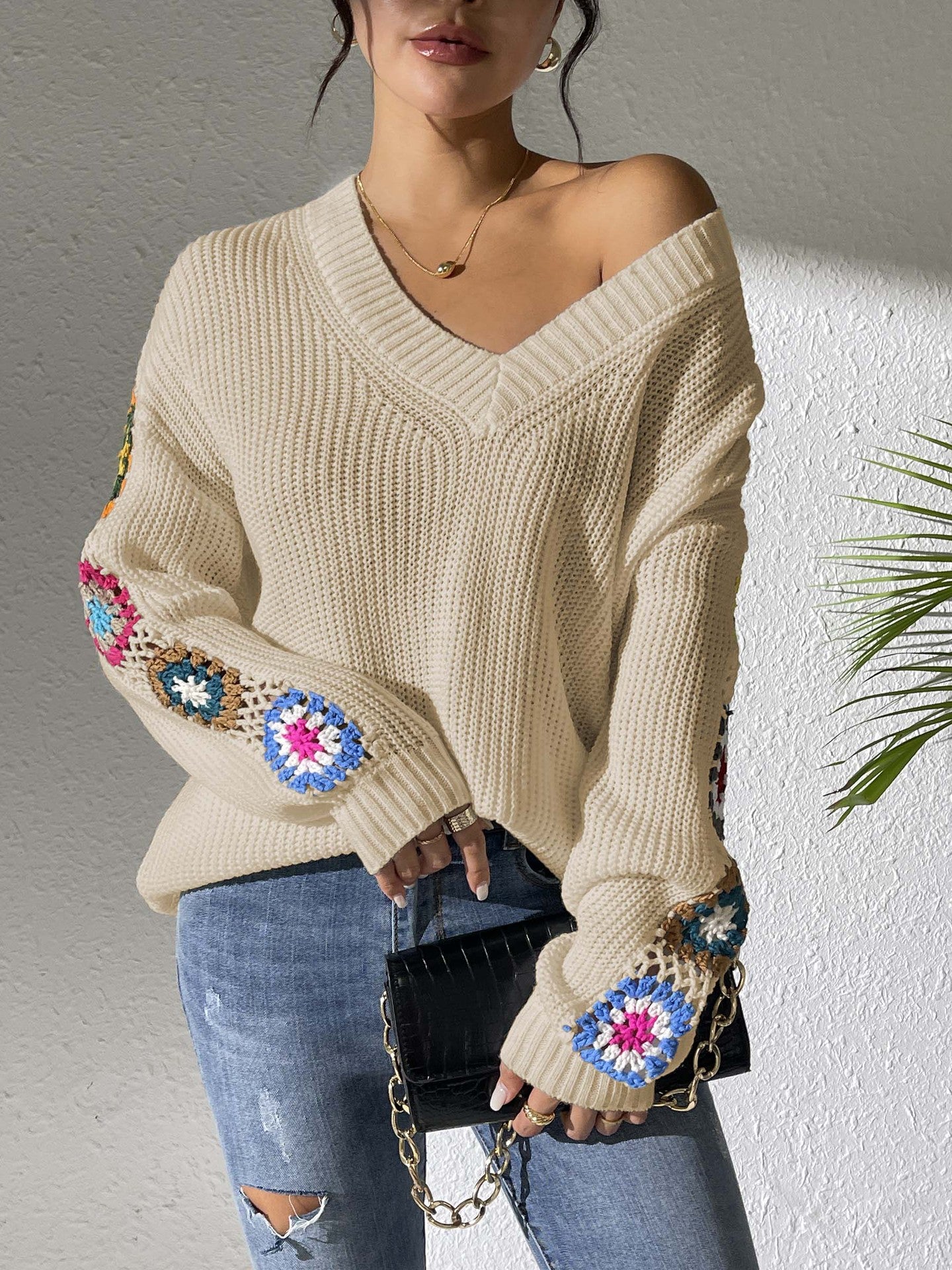 Fall/Winter Casual Loose V-Neck Crochet Floral Sweater
