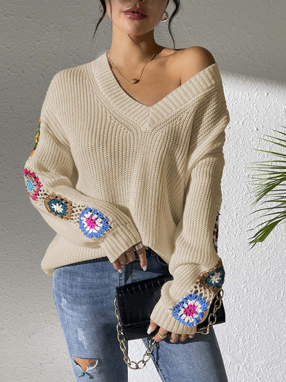 Fall/Winter Casual Loose V-Neck Crochet Floral Sweater