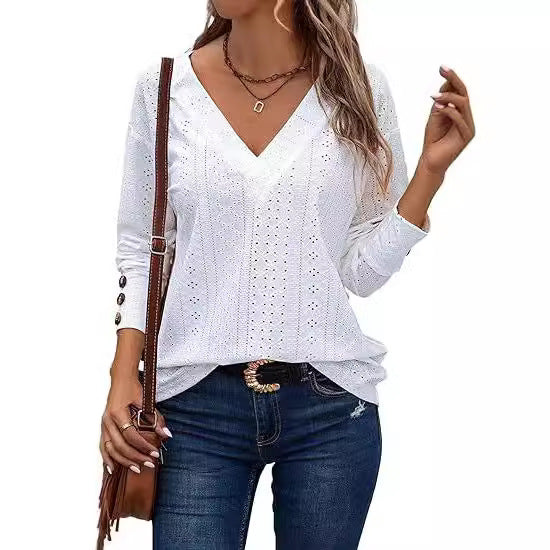 Women's Loose V-Neck Eyelet Long Sleeve Blouse Top
